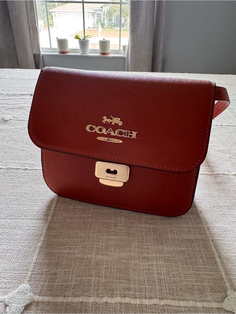 Coach Red Leather Crossbody with Gold Logo and Hardware